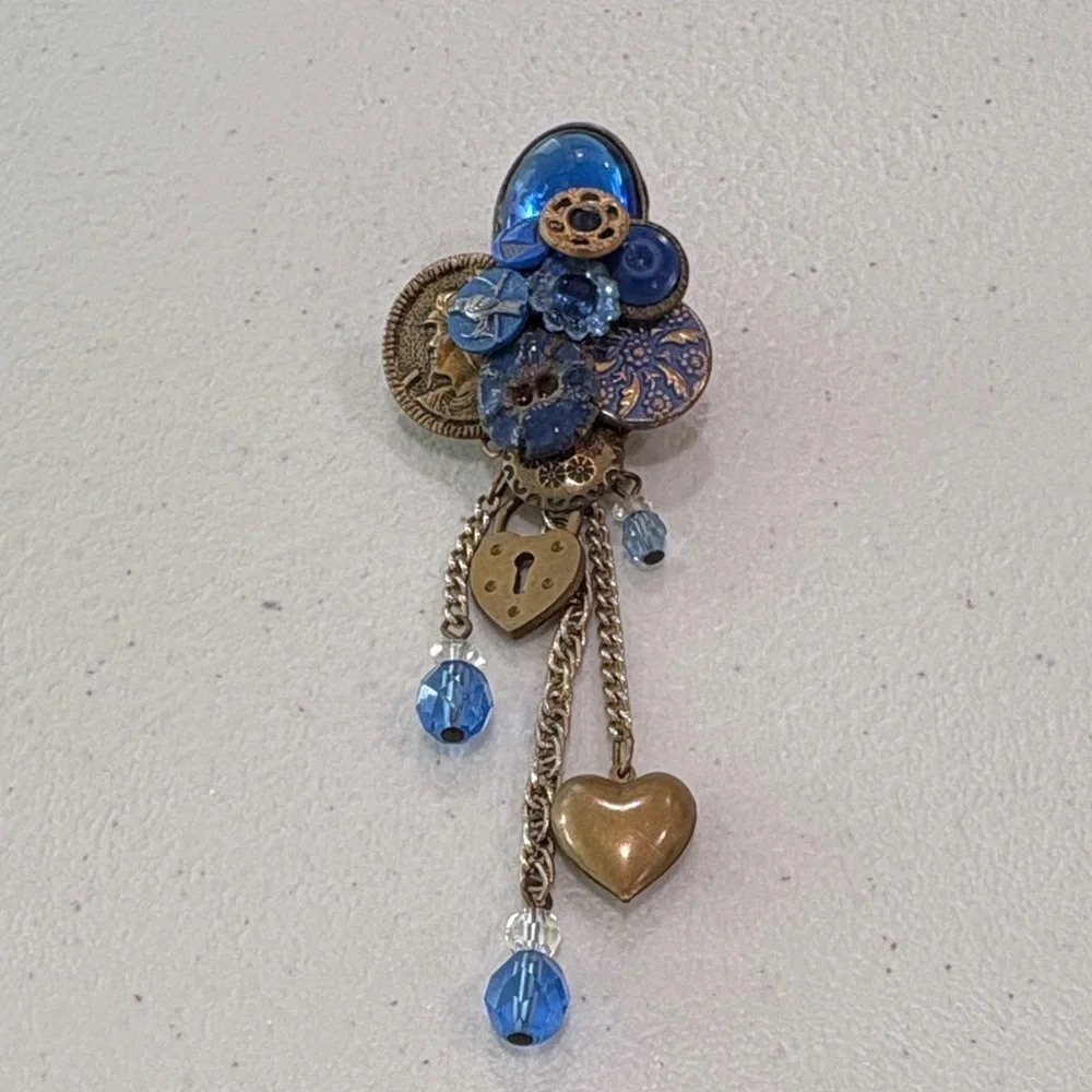 Vintage Glass & Metal Button Brooch with charms—BEAUTIFUL! Glass Beads—Artisan